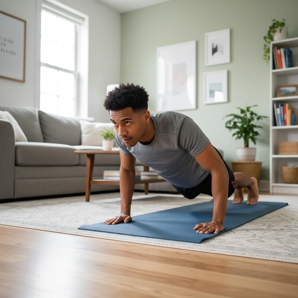 Man doet een push-up tijdens een training thuis