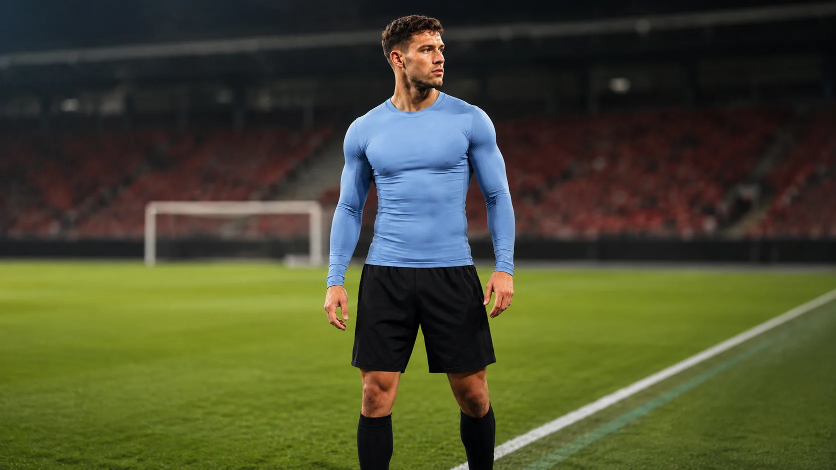 Footballer wearing a compression base layer on the pitch
