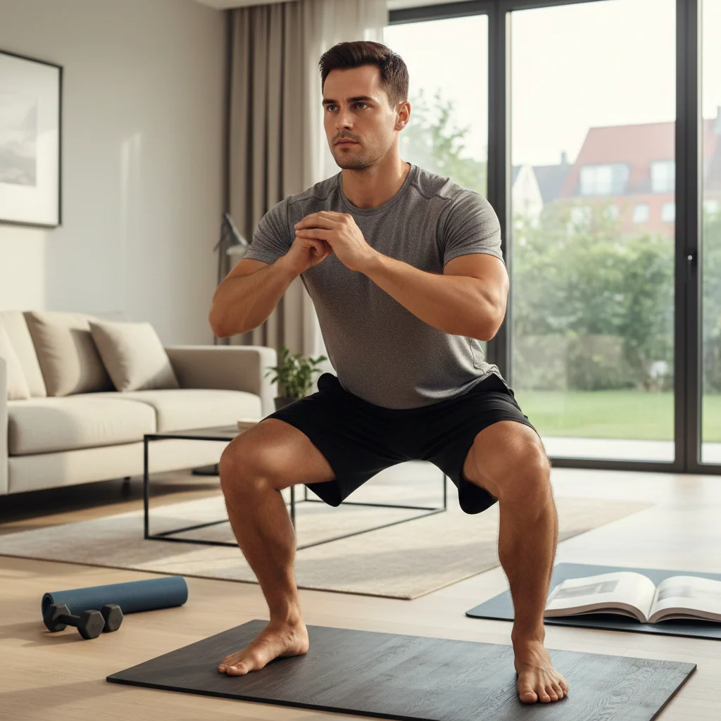 Man voert een squat uit op een trainingsmat
