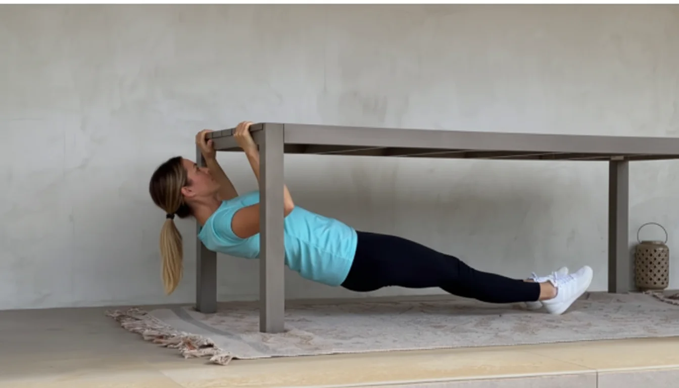 Vrouw doet een omgekeerde roeibeweging onder een stevige tafel