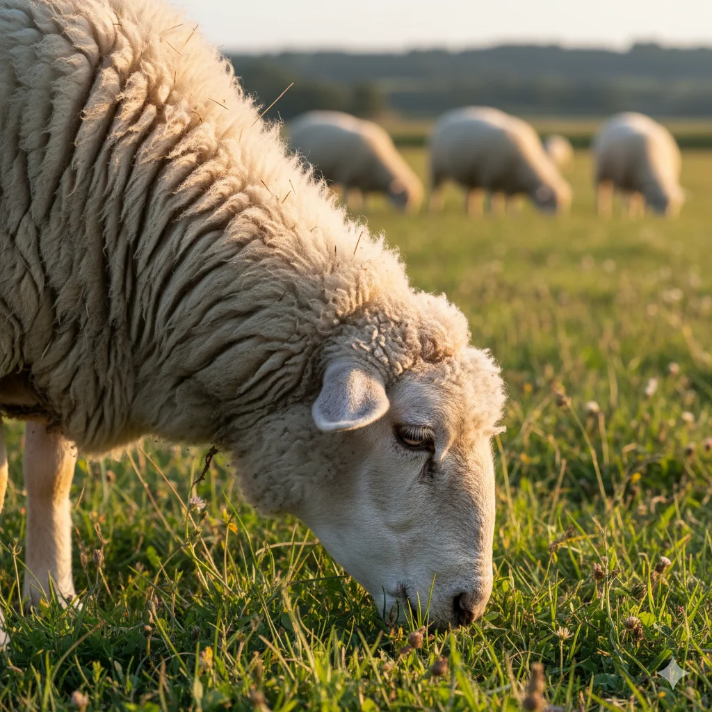 Merinoschaf beim Grasen auf einer Weide.
