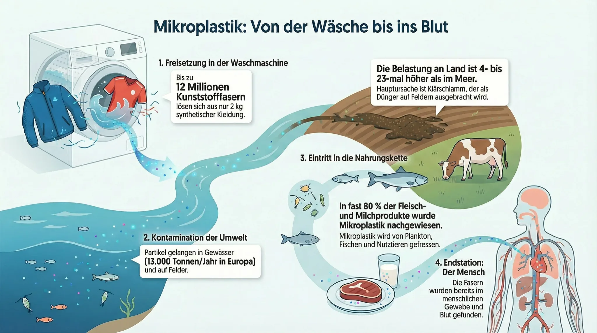 Infografik: Mikroplastik gelangt von der Wäsche in Umwelt und Nahrungskette