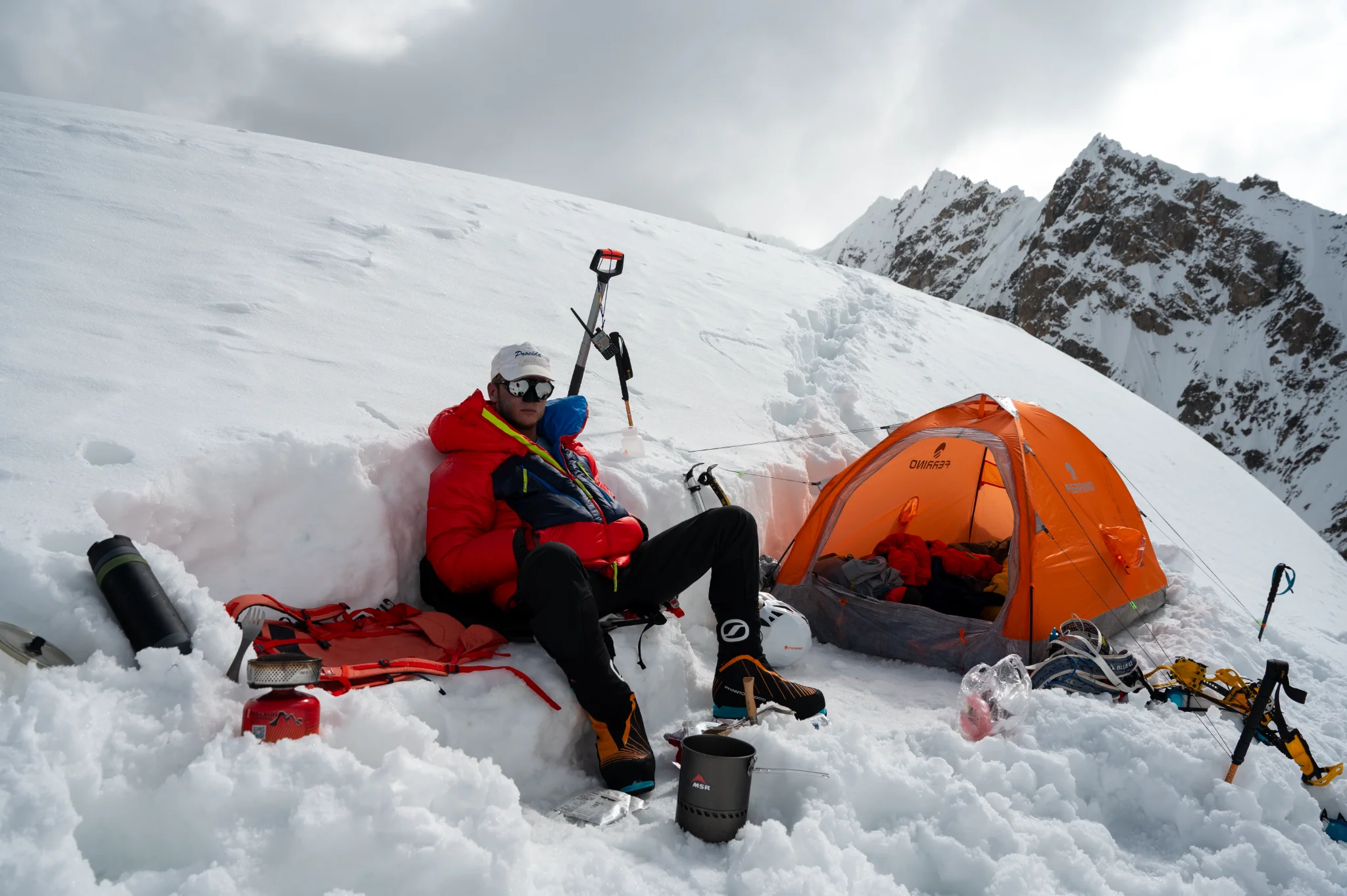 Mountaineer at K2 base camp with a Ferrino tent, 2024