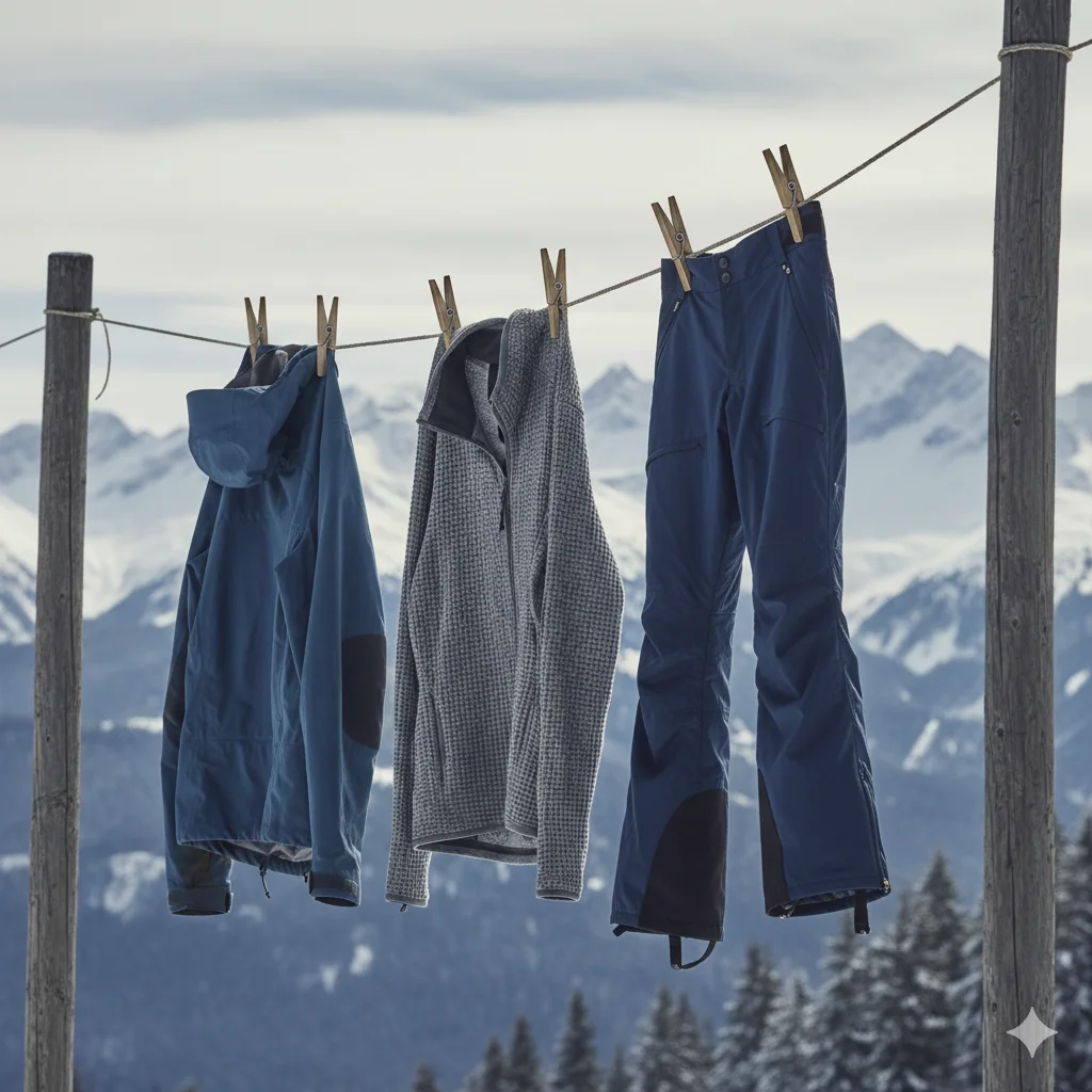 Skibekleidung an der Wäscheleine.
