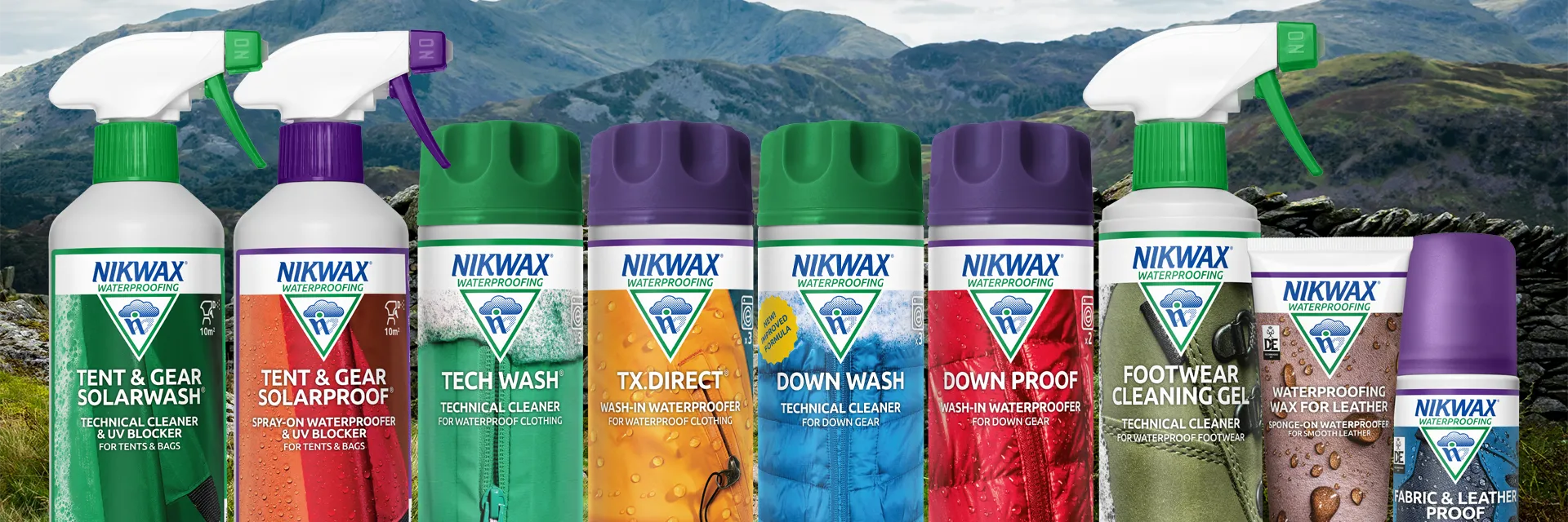 Outdoor care products next to hiking boots and a hardshell jacket on a wooden table