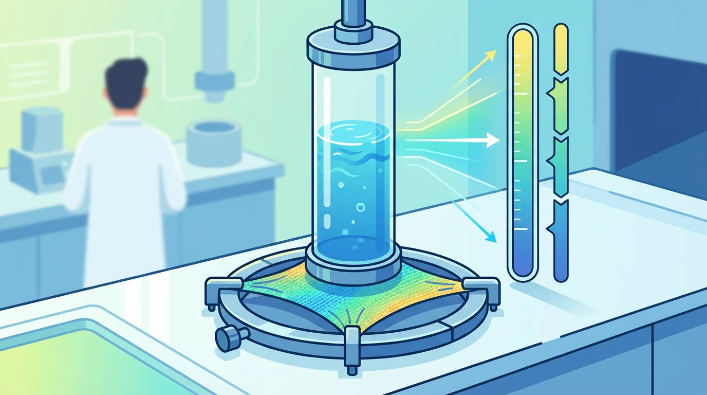 Schematische Darstellung des Wassersäulen-Tests: Ein mit Wasser gefüllter Zylinder steht auf einem eingespannten Stoffstück, daneben zeigt eine Skala den Wasserstand in Millimetern