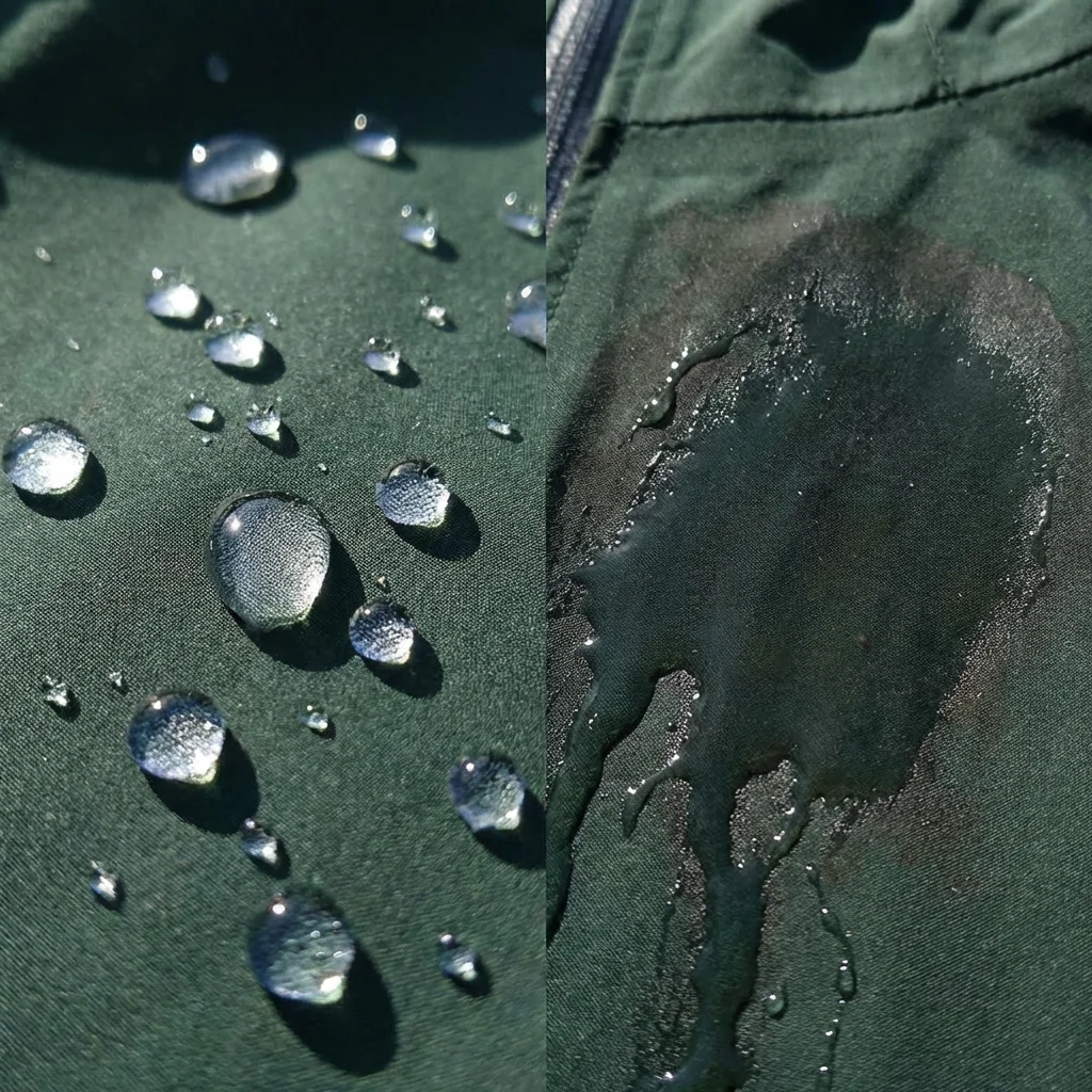 Nahaufnahme von Wassertropfen, die auf einer Jackenoberfläche abperlen: links mit funktionierender DWR-Imprägnierung, rechts mit abgenutzter DWR, bei der sich der Stoff vollsaugt