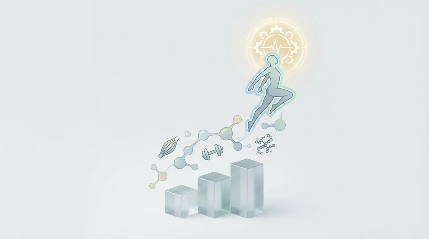 Illustratie van een eiwitketen met kleurrijke aminozuurbouwstenen, als kralen aan een snoer geregen. Minimalistische, moderne stijl met een sportieve touch.
