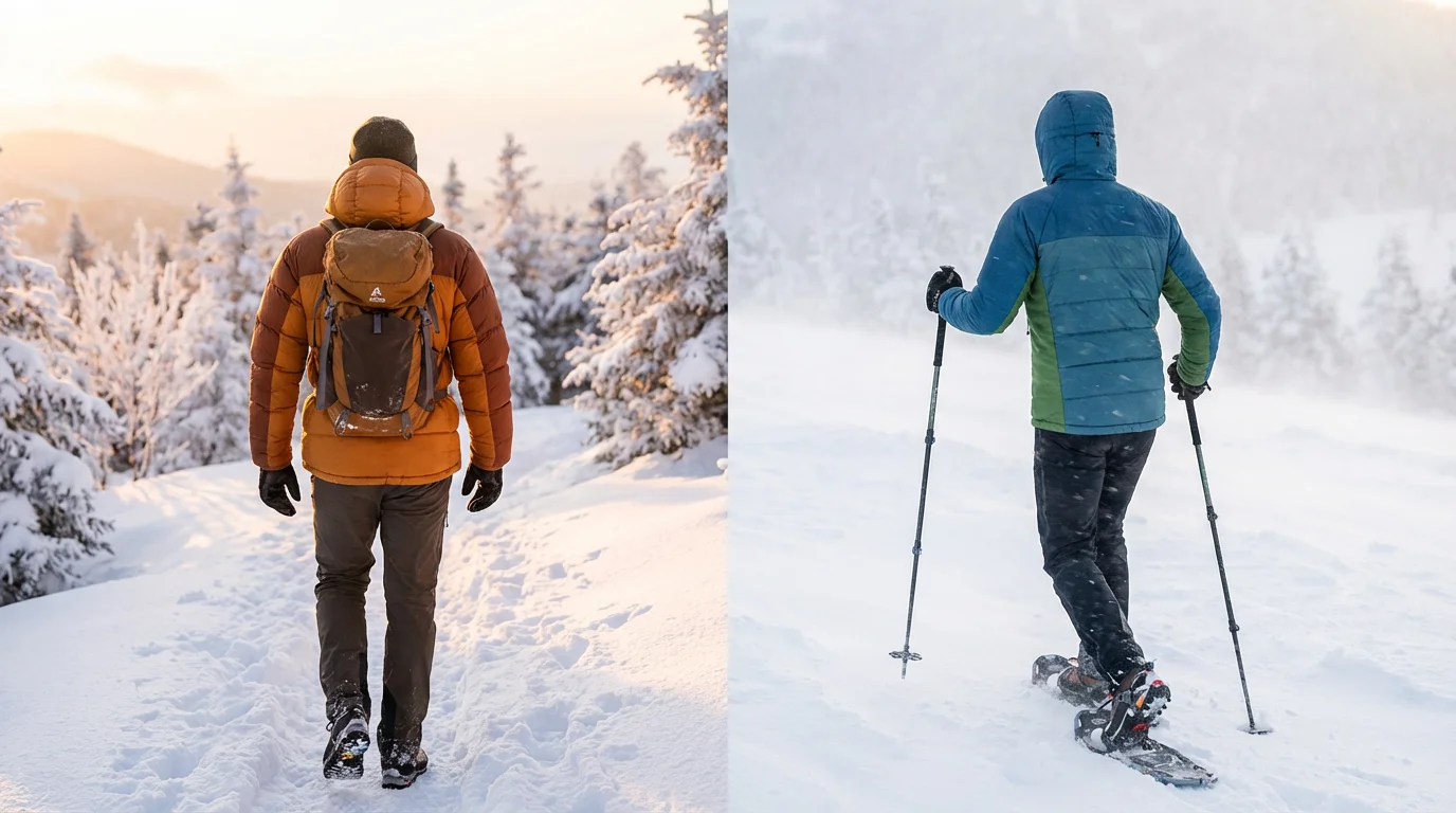 Twee wandelaars in winterjassen trekken door een sneeuwlandschap