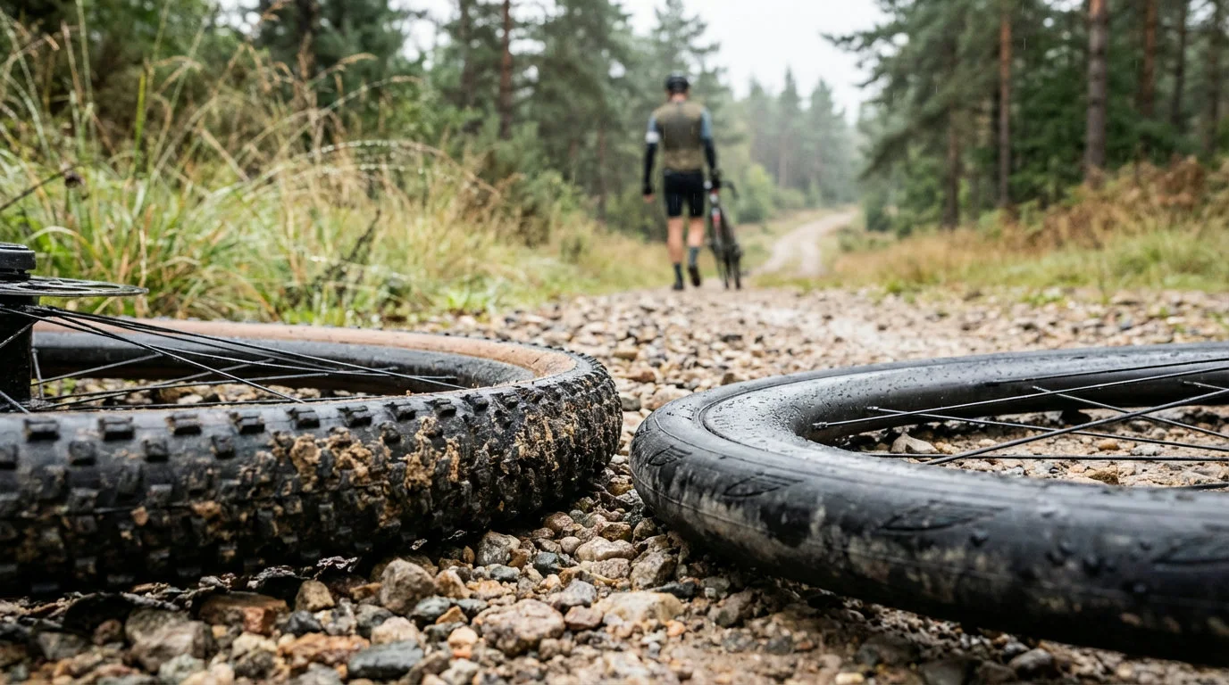 Close-up of a wide, knobbly gravel tyre on a gravel track next to a narrower road tyre