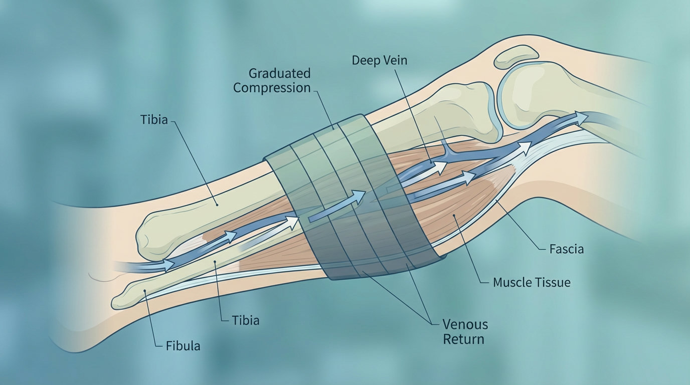 Illustration der graduierten Kompression und des Blutflusses