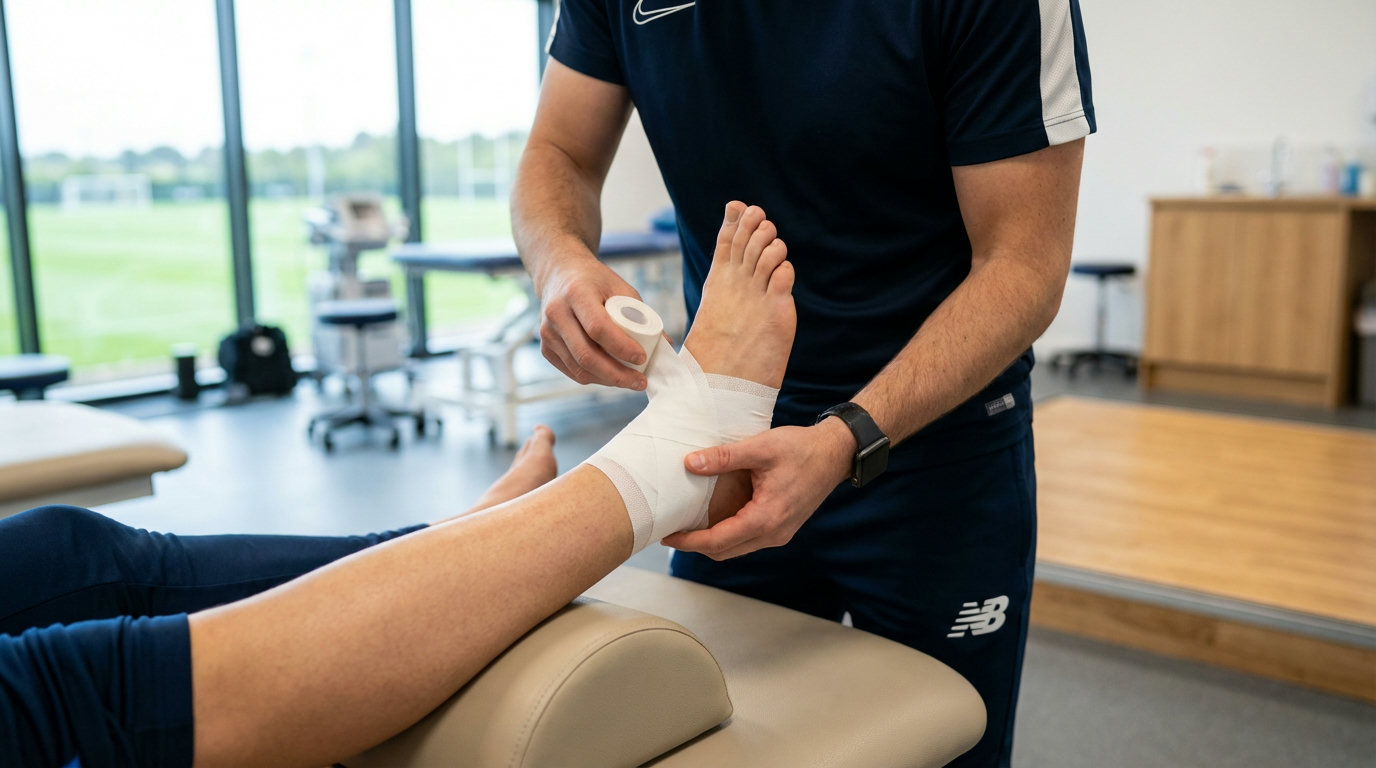 Physiotherapeut bringt weißes Sporttape am Sprunggelenk eines Sportlers an
