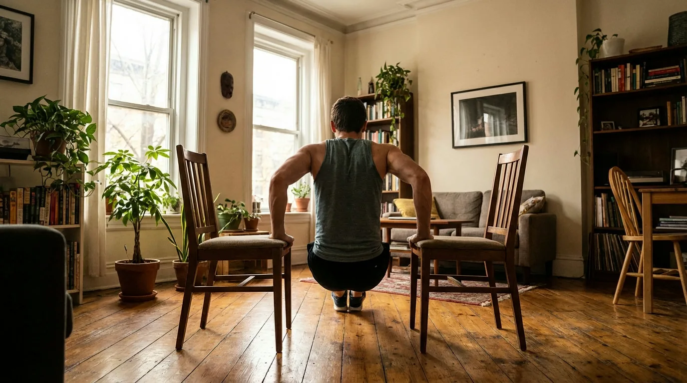 Man traint zijn triceps tussen twee stoelen
