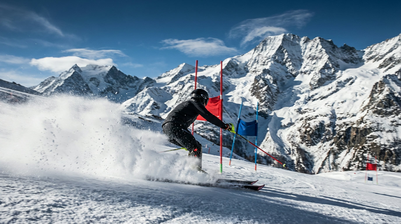 Skiër in de afdaling met een sneeuwfontein en bergpanorama op de achtergrond