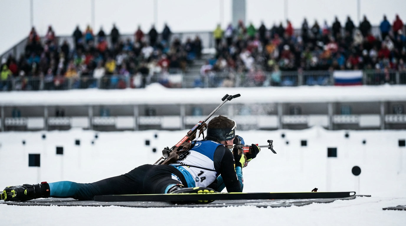Biatlete schiet liggend op de schietbaan, met een besneeuwd stadion op de achtergrond