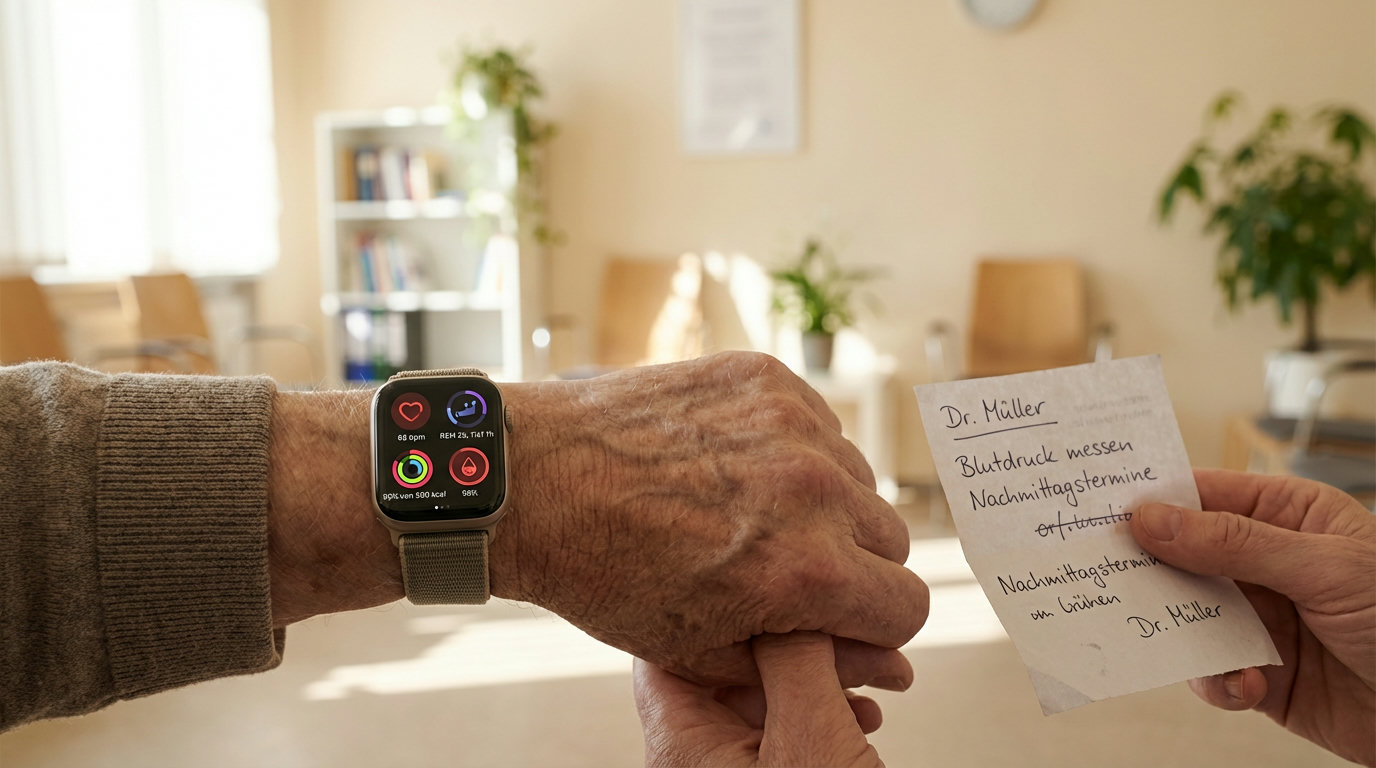 Smartwatch mit Gesundheitsdaten und Notizen für das Arztgespräch