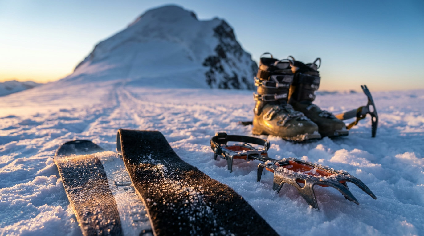 Skitourvellen en stijgijzers voor ski's op een bevroren firnhelling in de ochtendschemering