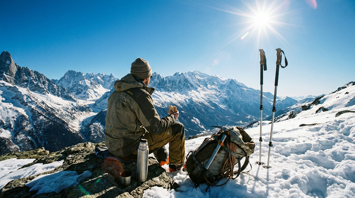 Toerskiërs tijdens een pauze op de top met uitzicht over besneeuwde Alpentoppen