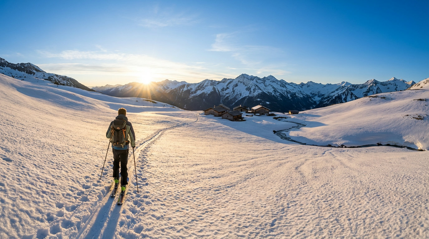 Toerskiërs in de klim op een brede firnhelling bij de Brenner met Alpenpanorama