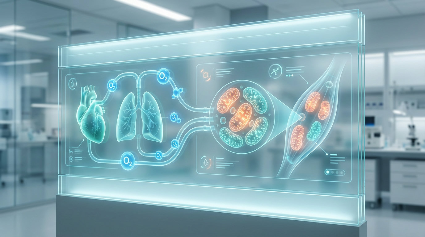 Infografik: Zusammenhang zwischen VO2max, Sauerstoffkaskade und mitochondrialer Funktion
