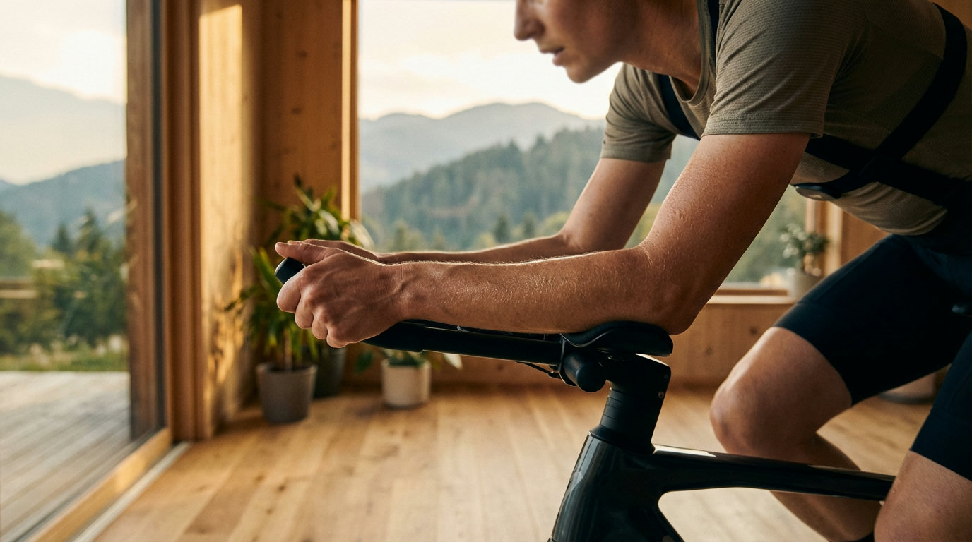 Person beim Zone-2-Training auf dem Indoor-Cycling-Ergometer mit Herzfrequenzmesser