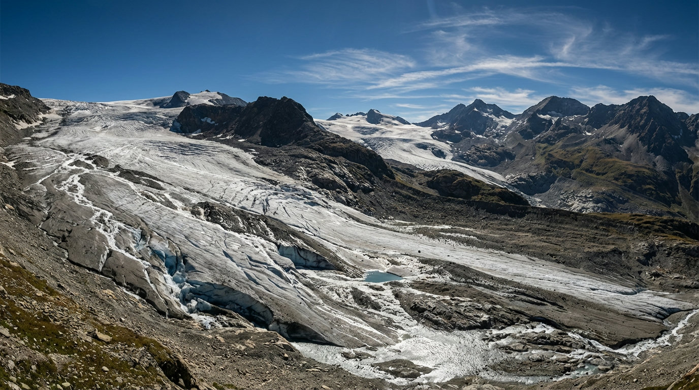Dramatisch schmelzender Alpengletscher mit sichtbaren Schmelzwasserbächen und freiliegendem Fels
