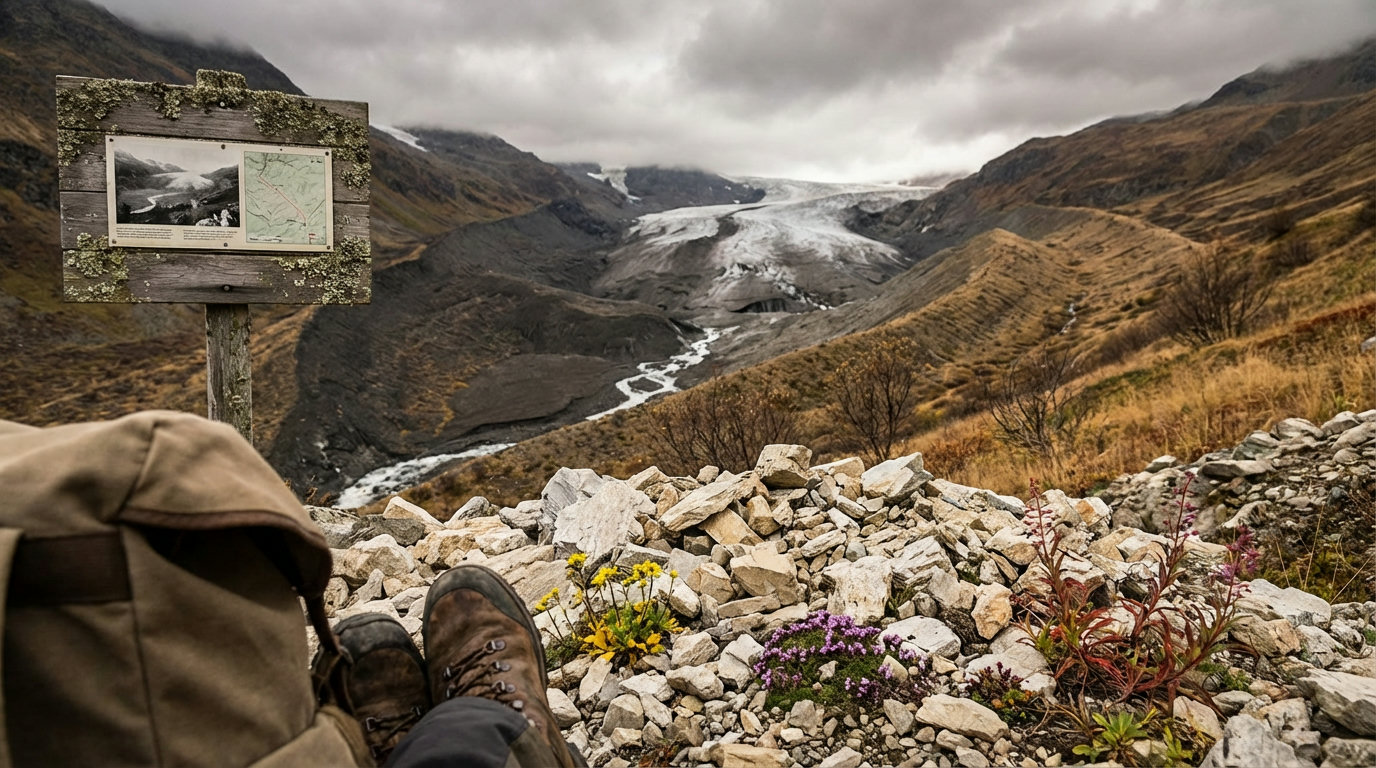 Vergleichsbild eines Alpengletschers: historische Ausdehnung im Vergleich zur aktuellen Situation