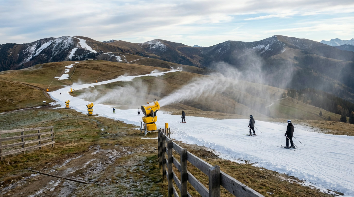 Skigebiet mit deutlich sichtbaren grünen Flecken und Kunstschnee-Beschneiung