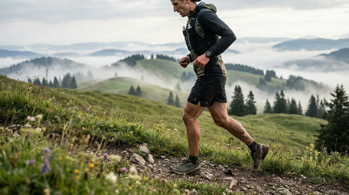 Trailrunner beim Bergintervalltraining auf einem steilen Wiesenpfad mit Almkulisse
