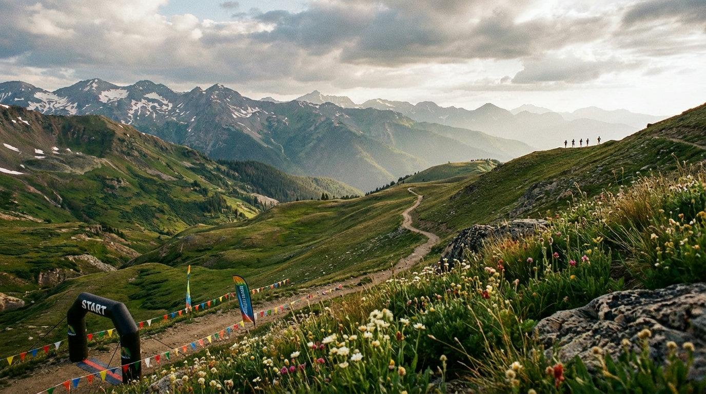 Startbereich eines Trailrunning-Events in den Alpen mit Läuferinnen, Läufern und Bergpanorama
