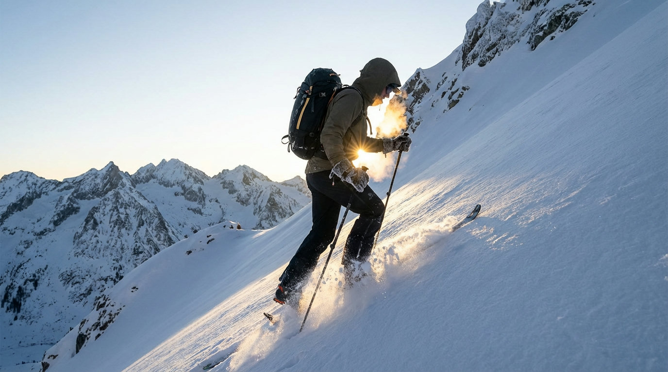 Ski tourer ascending steeply through powder snow in cold winter conditions