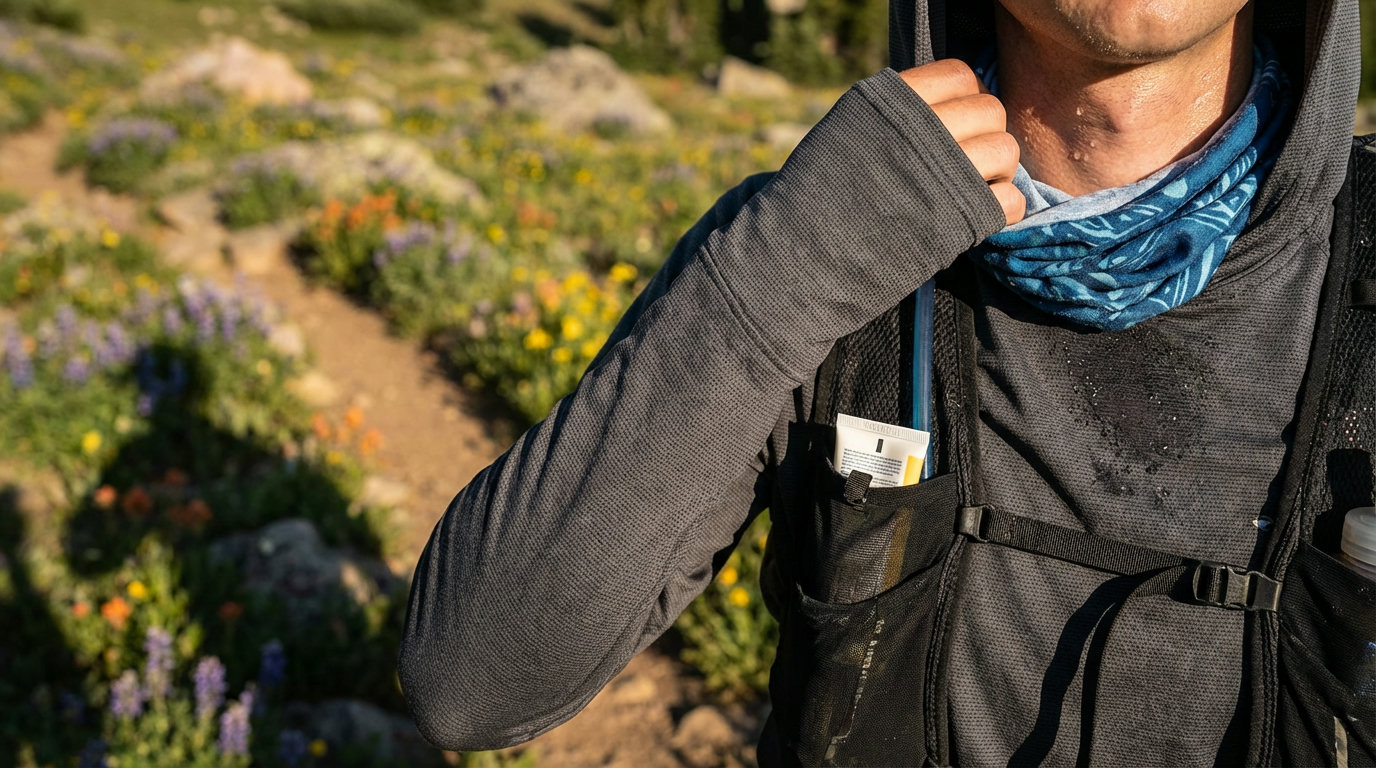 Trailrunner mit UPF-Sonnenschutz-Hoodie auf einem alpinen Wanderweg bei intensiver Sonnenstrahlung