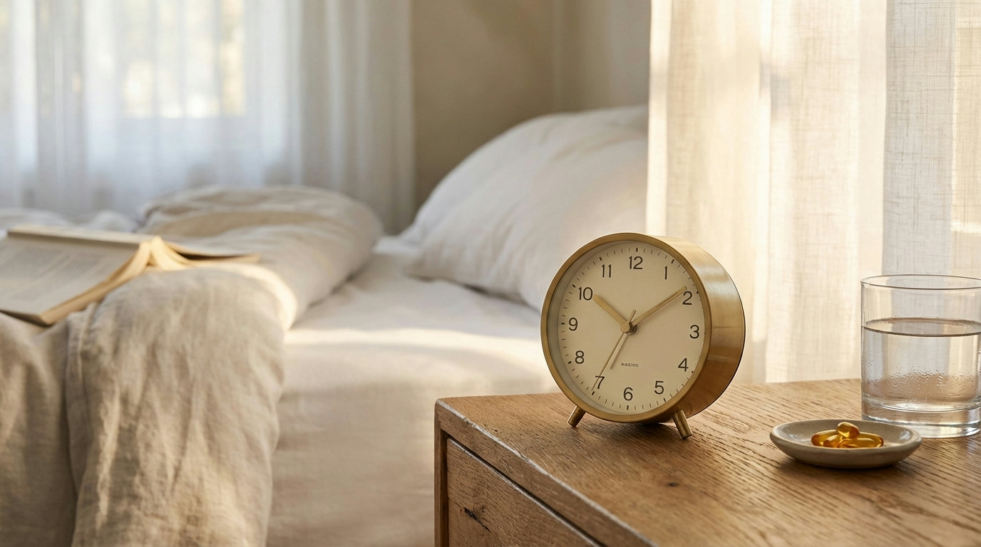 Wekker en glas water naast een opgemaakt bed