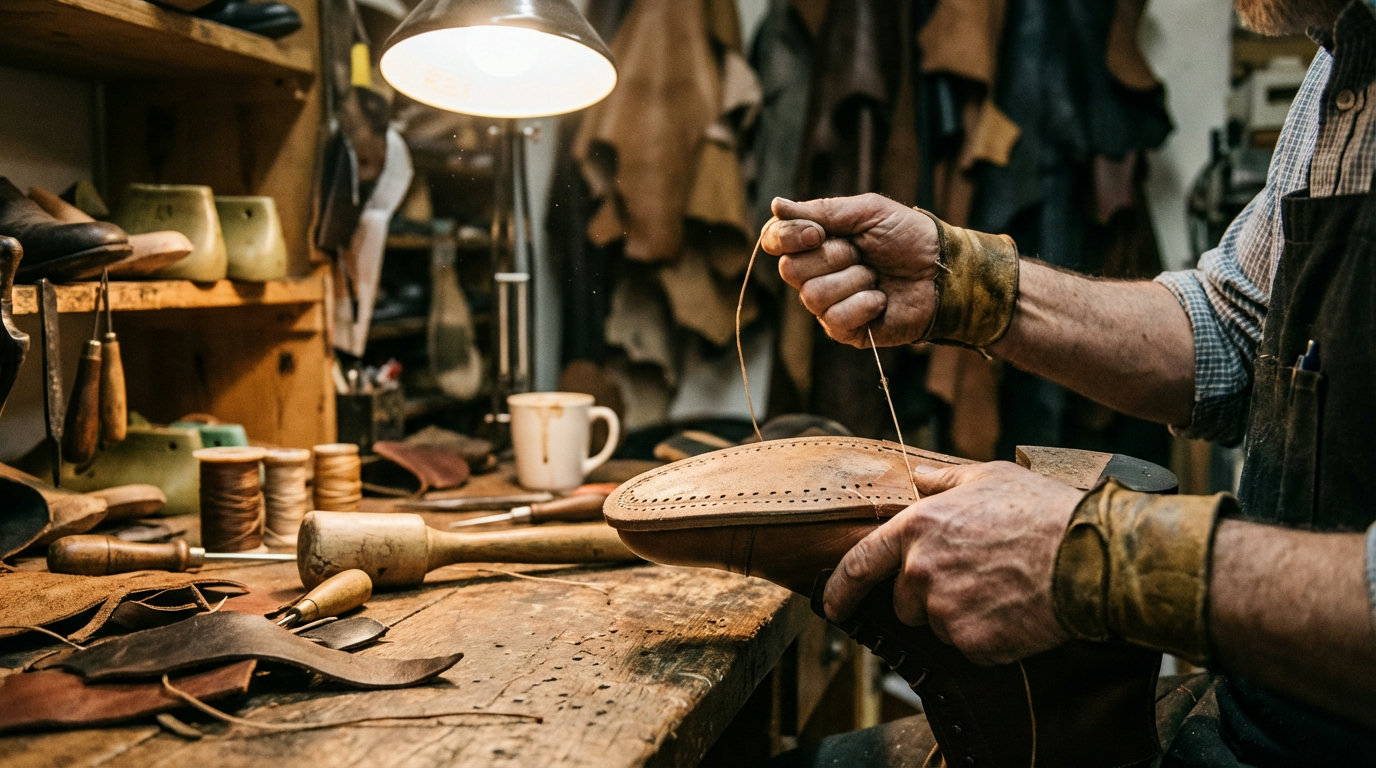 Schoenmaker werkt met leer aan een werkbank