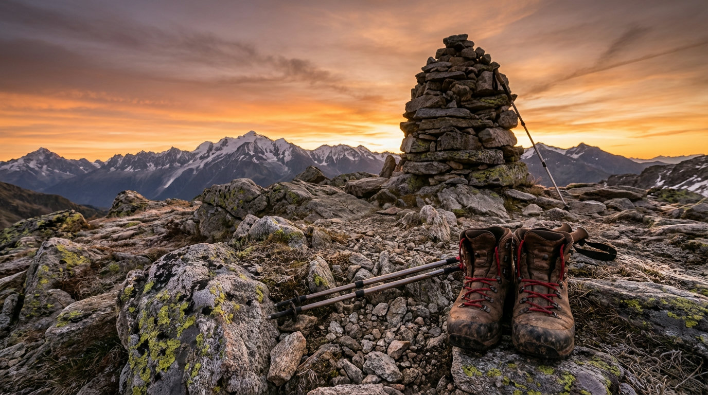 Hiking boots on a rocky summit with a cairn and an alpine panorama behind