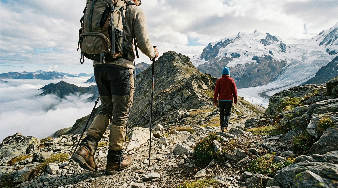 Two hikers on a broad alpine ridge above 3,000 metres with a glacier view