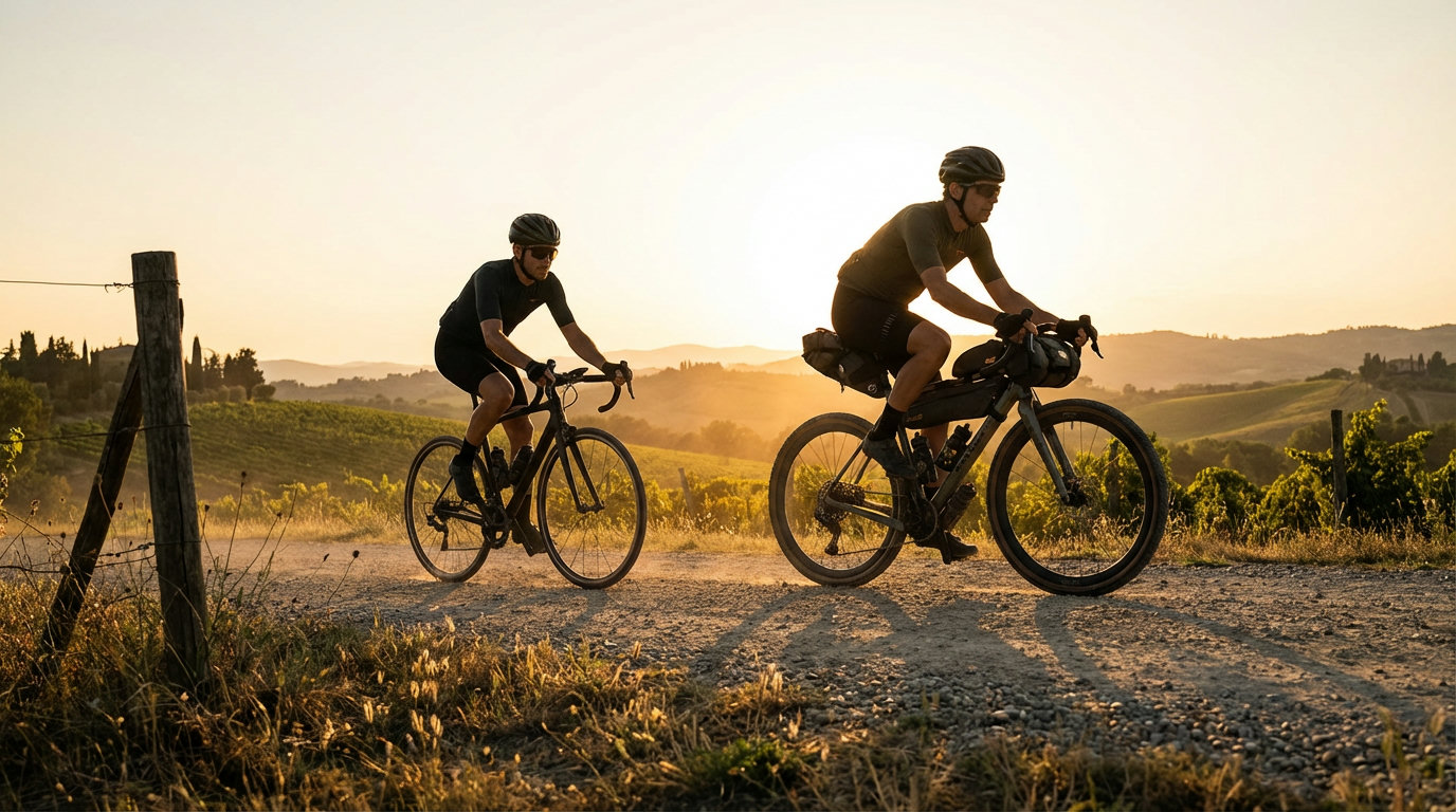 Two cyclists on a farm track, one on a road bike and one on a gravel bike, side by side