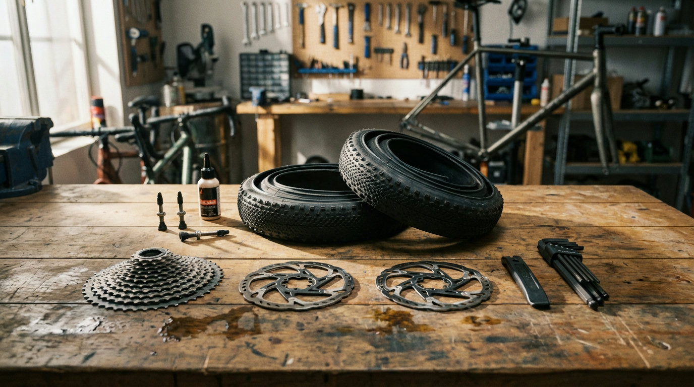 Gravel bike components on a workshop bench: tyres, cassette, disc brake and tubeless kit
