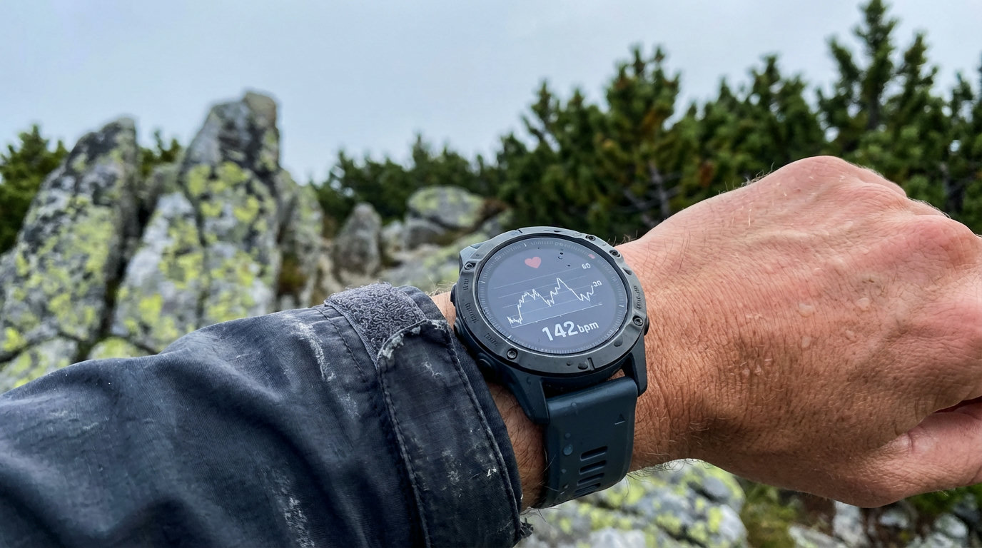 Sports watch on a wrist showing heart rate during a climb in the mountains