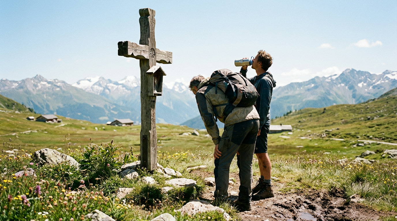 Two hikers catching their breath at a summit cross in the mountains