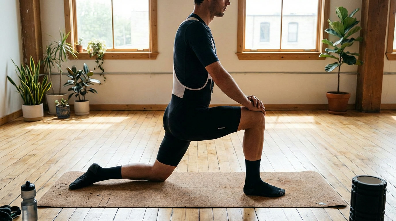 Sportler im tiefen Ausfallschritt auf der Yogamatte: Hüftbeuger-Stretch für Radfahrende
