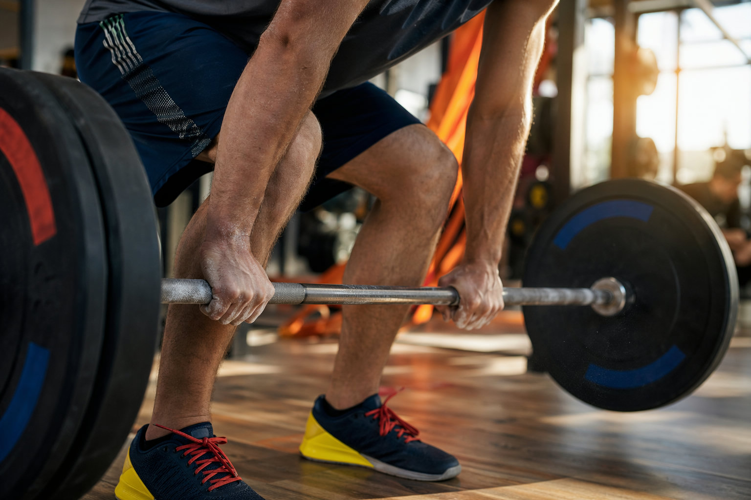 Hände greifen eine olympische Langhantel in einem modernen Fitnessstudio