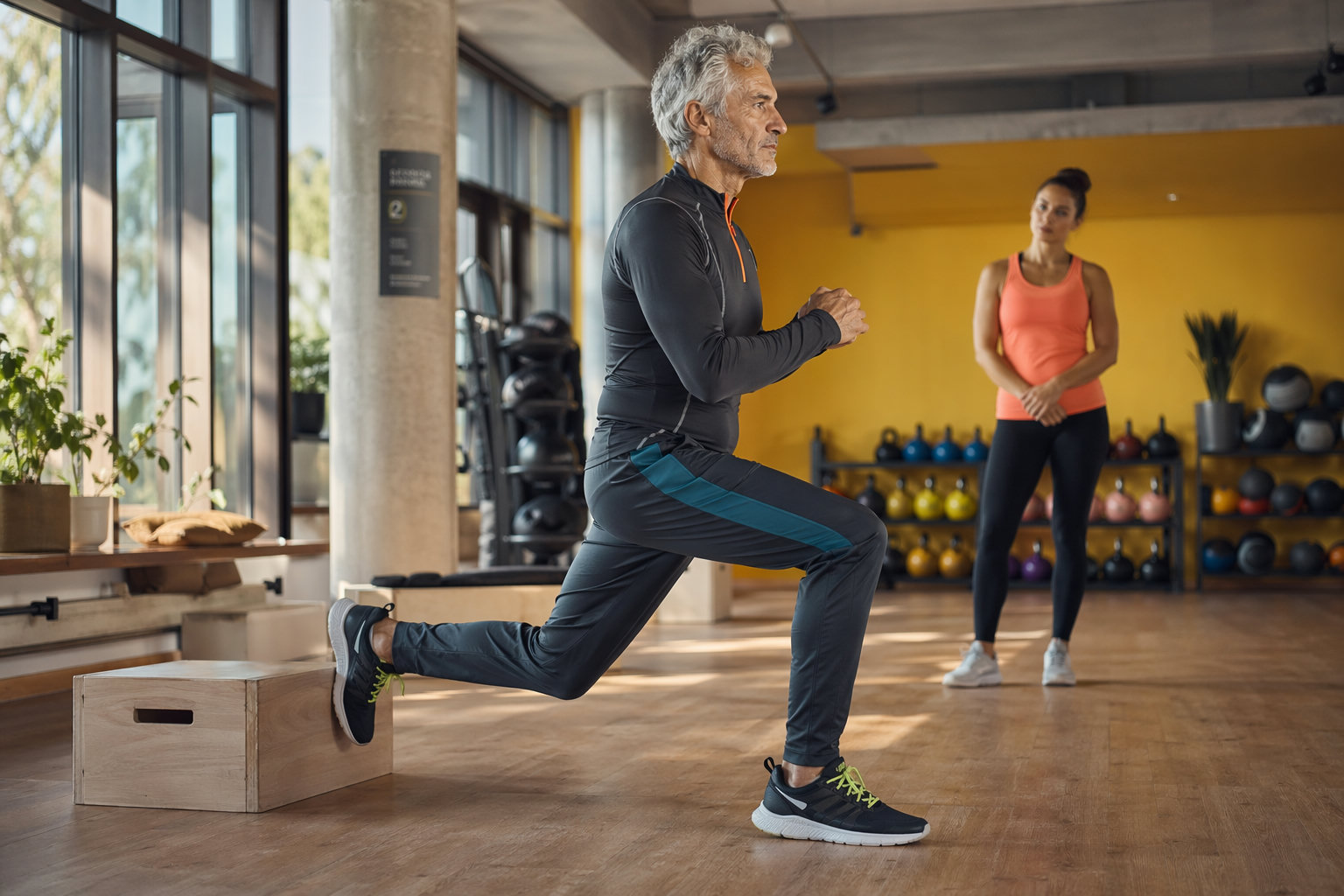 Älterer Mann macht einen einbeinigen Ausfallschritt in einem freundlichen Fitnessstudio