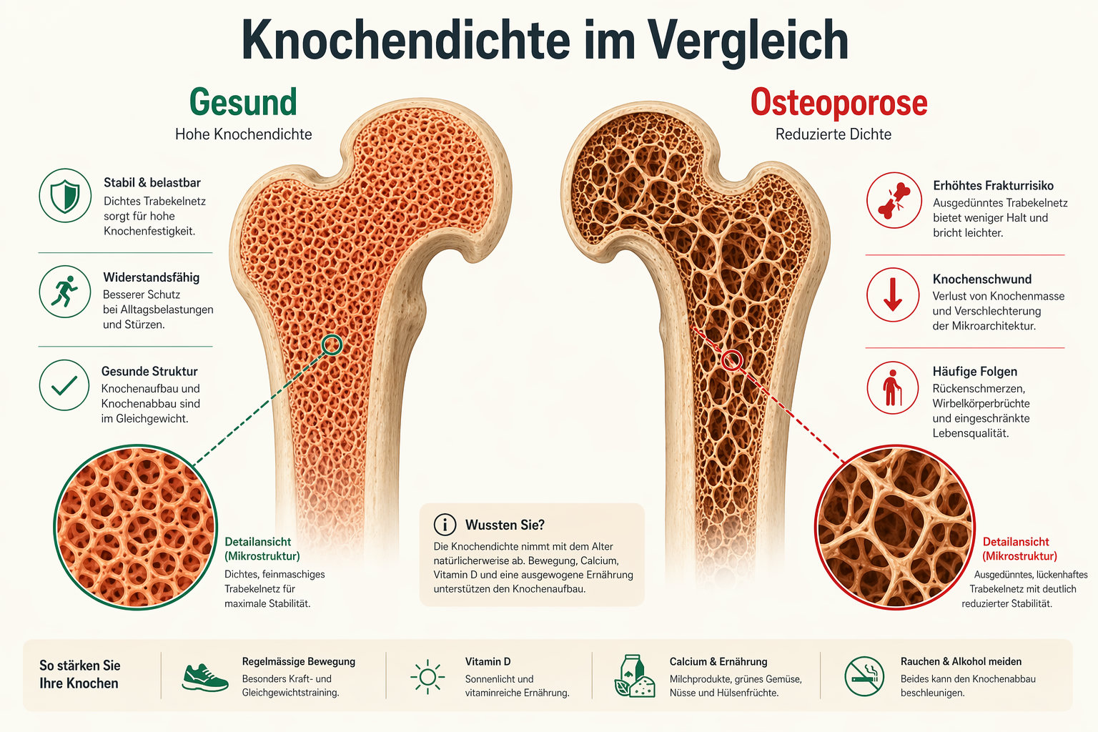 Infografik zum Vergleich gesunder und osteoporotischer Knochen