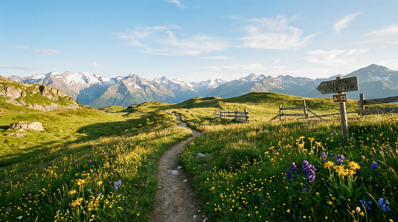Wide view across an alpine landscape with a path through green pastures and snow-capped peaks