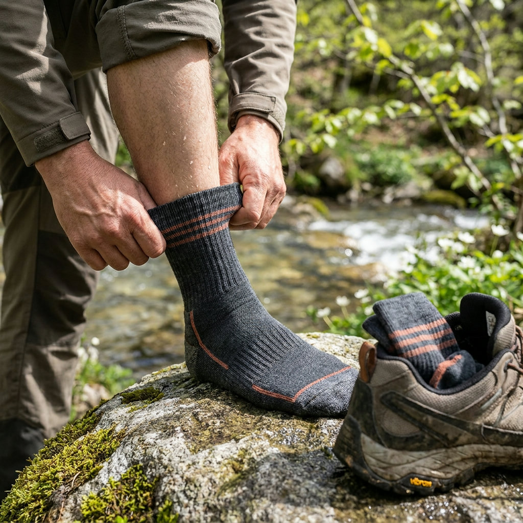 Wanderin zieht am Bergbach frische Merino-Wandersocken über die Wade