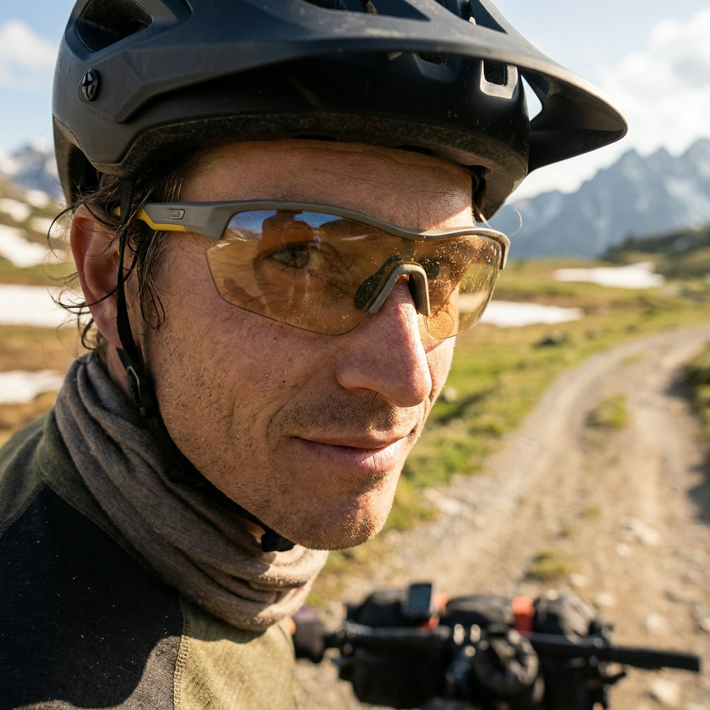 Gravel-Radfahrer mit moderner Wraparound-Sportbrille während der Fahrt