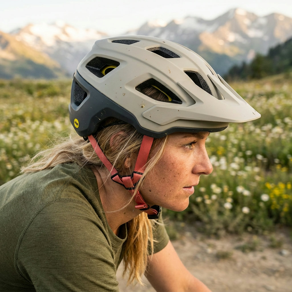 Bikepackerin mit modernem Gravel-Helm im Einsatz auf einem alpinen Frühlings-Trail