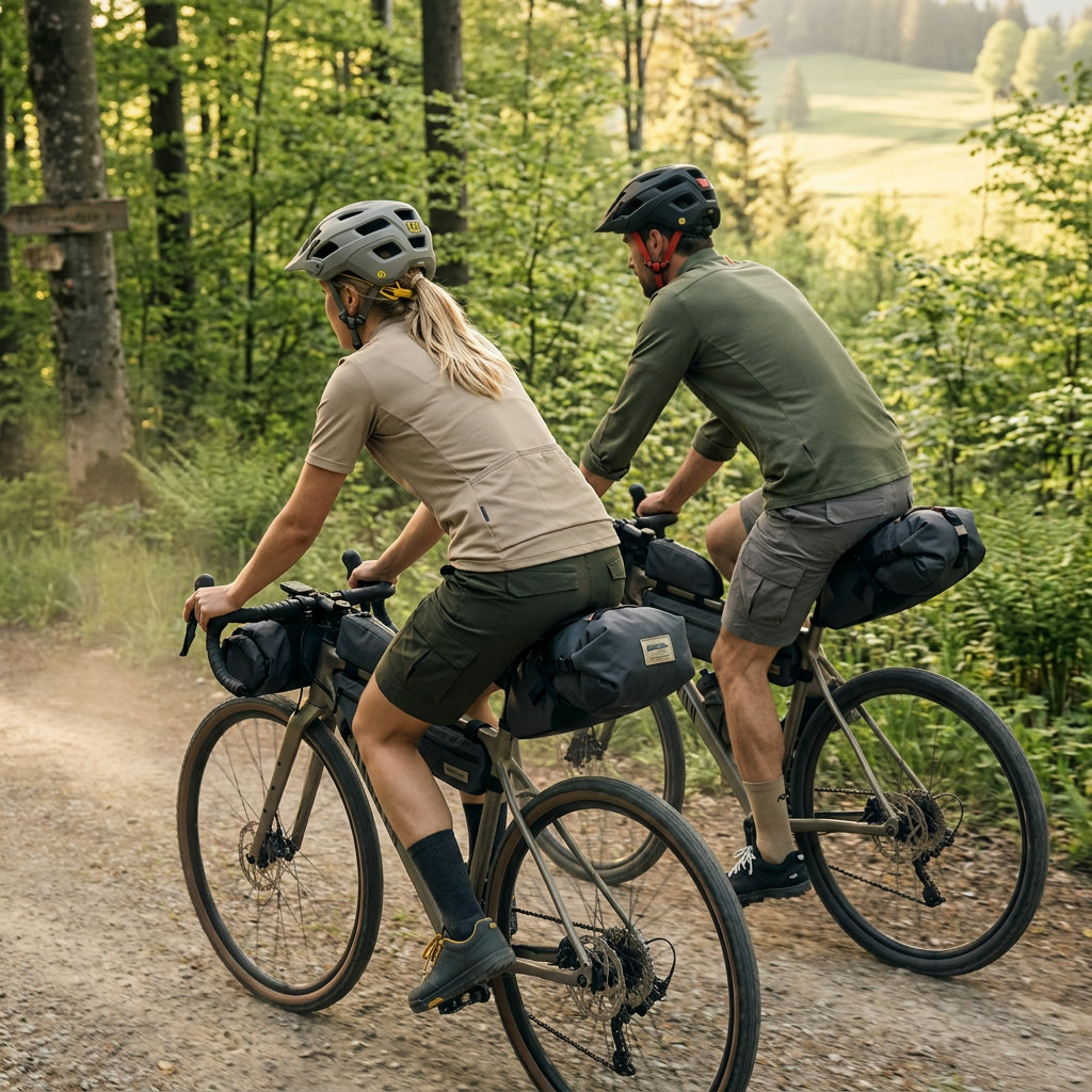 Zwei Bikepacker in entspannter Gravel-Bekleidung auf einem sonnigen Schotterweg im Frühling