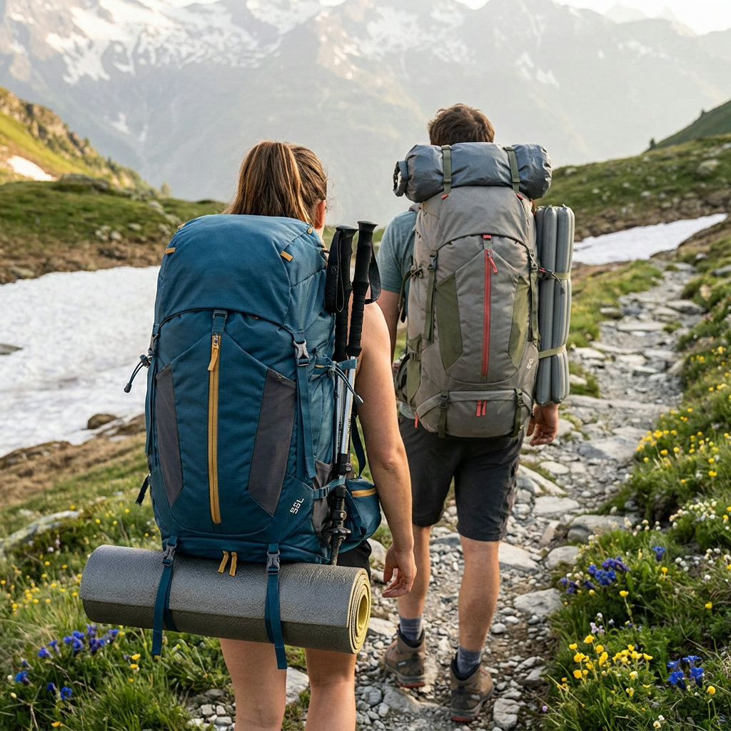 Zwei Trekkingfans von hinten mit großen Rucksäcken für mehrtägige Touren auf einem alpinen Frühlingsweg